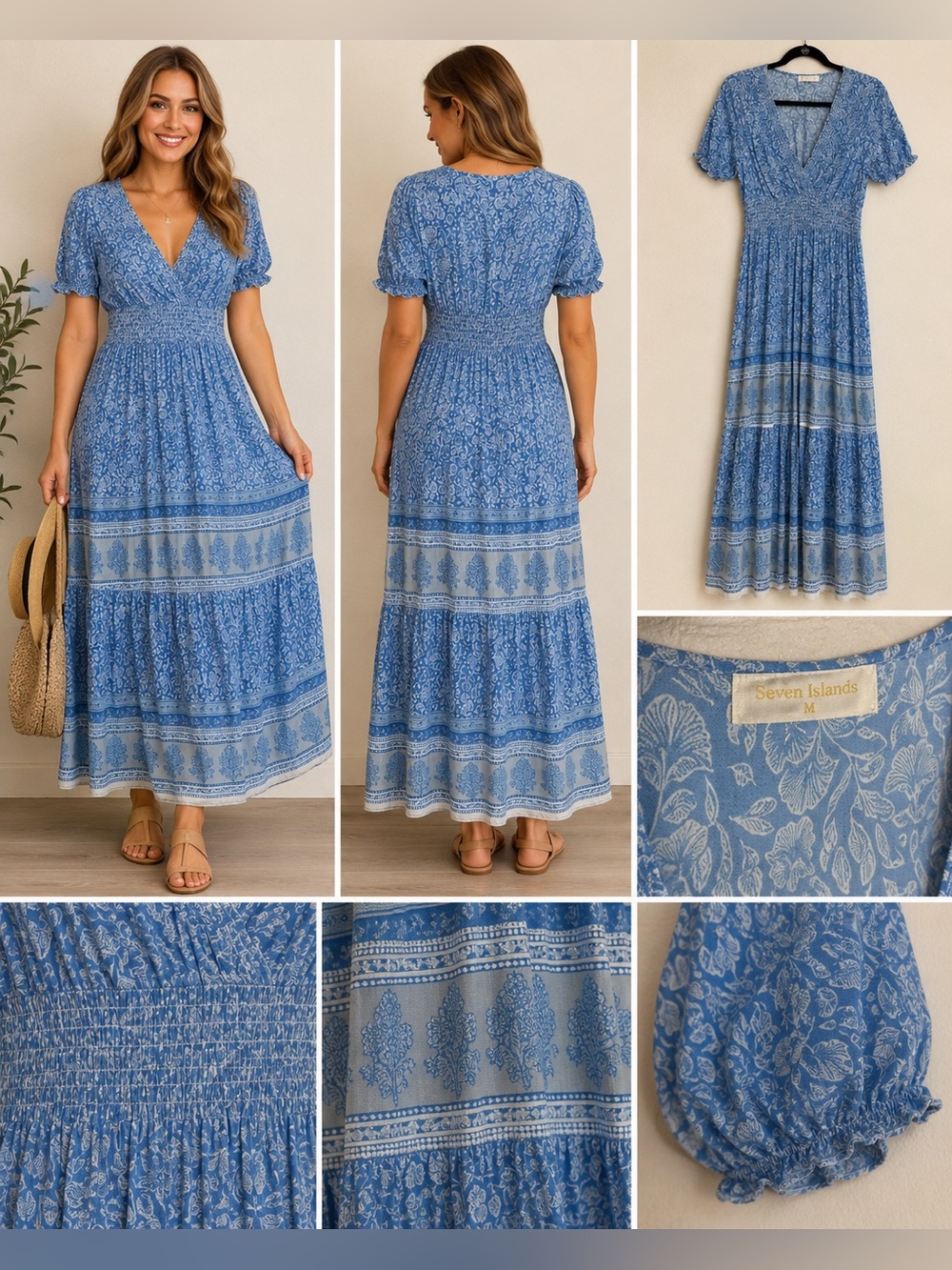 Seven Islands Blue Floral Smocked Waist Boho Midi Maxi Dress Size M